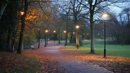 Poster - evening sun bathes the park in a warm glow, casting long shadows from the trees and illuminating the path with a golden light