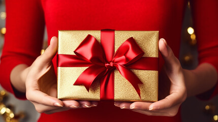 Wall Mural - hand holding a gift box with a red bow