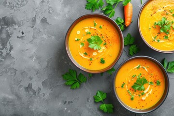 Poster - Top view of carrot and pumpkin soup with parsley on gray stone background Copy space is available