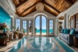 The entrance of a coastal retreat with a custom seashell mosaic floor, a vaulted ceiling, and a beach-inspired color scheme