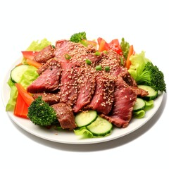 Wall Mural - a beef, vegetables and sesame seeds, studio light , isolated on white background