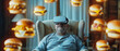 A portly man sits in an armchair, wears VR glasses and sees many floating burger in the room