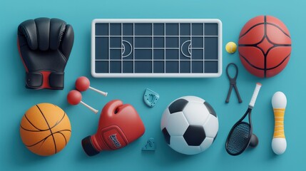  A 3D vector icon set representing various sports equipment, including a basketball backboard, soccer shoes, boxing gloves, American football, table tennis racket, badminton, tennis, and baseball