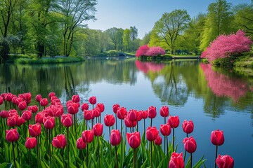 Amidst a serene landscape, a vibrant botanical garden blooms with pink flowers and lush trees, reflected in the tranquil waters of a red lake