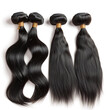 Four black wavy straight hair bundles with a tie on a white background