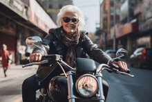 Biker Woman With Gray Hair In A Black Jacket On A Motorcycle
