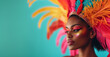 Close-up of a woman with colorful feather headdress and vibrant makeup on teal background. Stylish fashionable lady at the carnival holiday