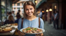 Beautiful Woman With A Model-like Appearance Trying Traditional Dishes In Stockholm.