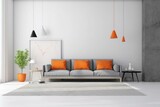 Fototapeta  - Empty white wall in fashionable living room with grey and orange design. Generative AI