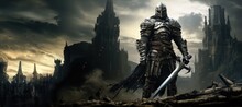 A Medieval Knight In Shining Armor Stands Defiantly, Wielding A Massive Sword Against A Backdrop Of Majestic Castle Ruins