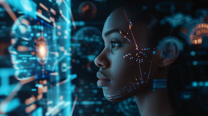 Wall Mural - AI cyber security threat illustration, black african american IT specialist, artificial intelligence collage	
