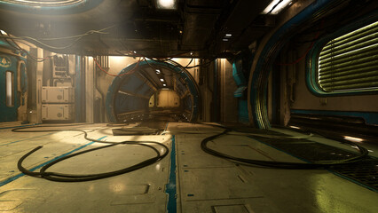 Poster - Grungy dystopian future underground tunnel complex with cables lying across the floor. 3D illustration.