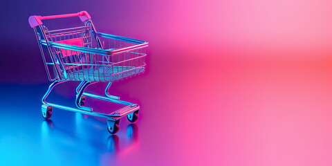 Online shopping concept with empty shopping cart on a digital neon colored 