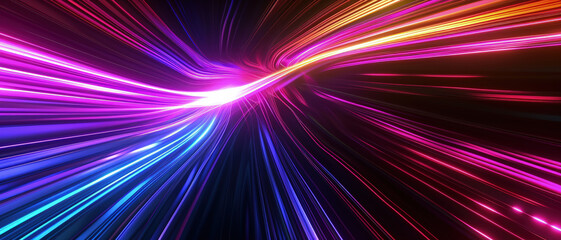 Wall Mural - Multicolored neon curve lines on black background, digital glowing energy. Abstract pattern of colored waves of light in dark space. Concept of tech, trail, speed, spectrum