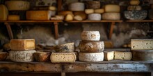 Artisan Cheese Collection On Wooden Shelves. Gourmet Food Stock Photo. Rustic Style Photography For Culinary Concepts. AI