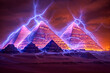 Ancient Egyptian pyramids as power generator, night, purple, artist impression, conspiracy theory, sci fi, electromagnetic storm, aliens