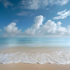 Panoramic view of a tropical beach horizon where the sky meets the sea, capturing the serene beauty of a tropical paradise.