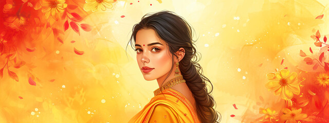 Wall Mural - Beautiful indian woman wearing traditional indian costume saree and kundan jewelry on yellow background with copy space. Ugadi or Gudi Padwa celebration. Hindu New Year. Religion and ethnic concept