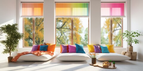 Wall Mural - Automated roller blinds on windows with colorful pillows. Sunlit room.