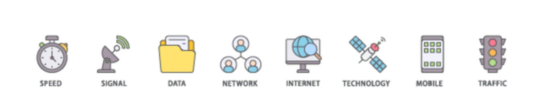 5G icon set flow process illustrationwhich consists of speed, signal, data, network, internet, technology, mobile and traffic icon live stroke and easy to edit 