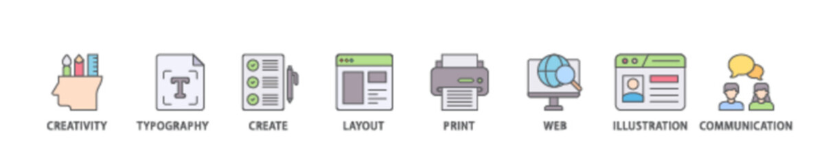 Poster - Graphic design icon set flow process illustrationwhich consists of creativity, typography, create, layout, print, web, illustration and communication icon live stroke and easy to edit 