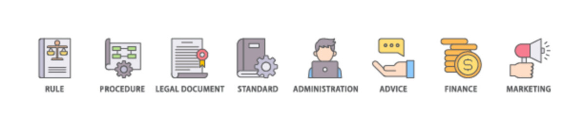 Poster - Guideline icon set flow process illustrationwhich consists of rule, procedure, legal document, standard, administration, advice, finance, marketing icon live stroke and easy to edit 