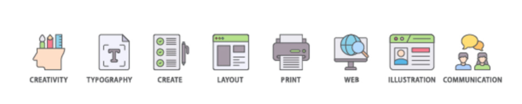 Graphic design icon set flow process illustrationwhich consists of creativity, typography, create, layout, print, web, illustration and communication icon live stroke and easy to edit 