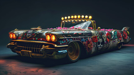 Sticker - illustration of a car painted for Mexican Day of the Dead.