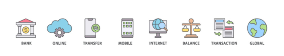 Poster - Online banking icon set flow process illustrationwhich consists of account, online payment, transfer funds, mobile banking, internet banking, balance check icon live stroke and easy to edit 