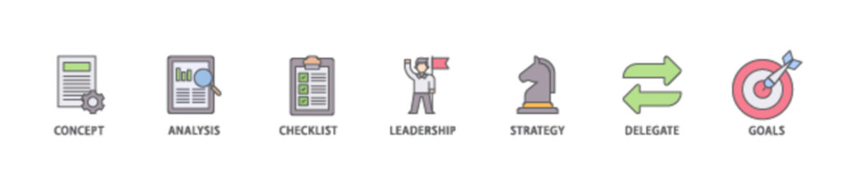 Poster - Planning icon set flow process illustrationwhich consists of concept, analysis, checklist, leadership, strategy, delegate and goals icon live stroke and easy to edit 