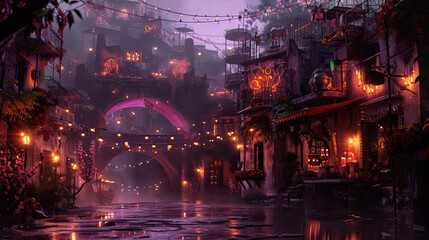 illustration of fantasy city for Mexican Day of the Dead.
