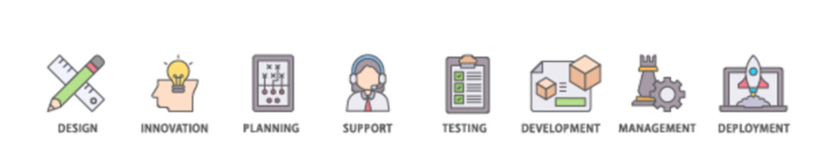 Poster - Product icon set flow process illustrationwhich consists of innovation, objective, service, efficiency, delivery, quality and price icon live stroke and easy to edit 
