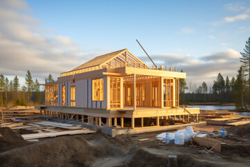 house Framed Construction, wooden house, inside construction site, wooden beams,