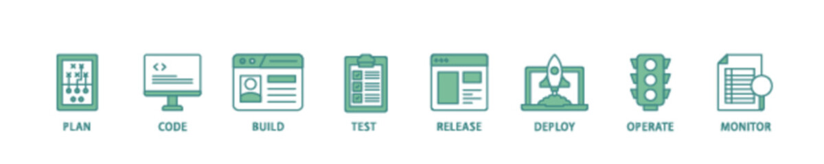 DevOps icon set flow process illustrationwhich consists of monitor, operate, test, deploy, release, build, code, plan icon live stroke and easy to edit 