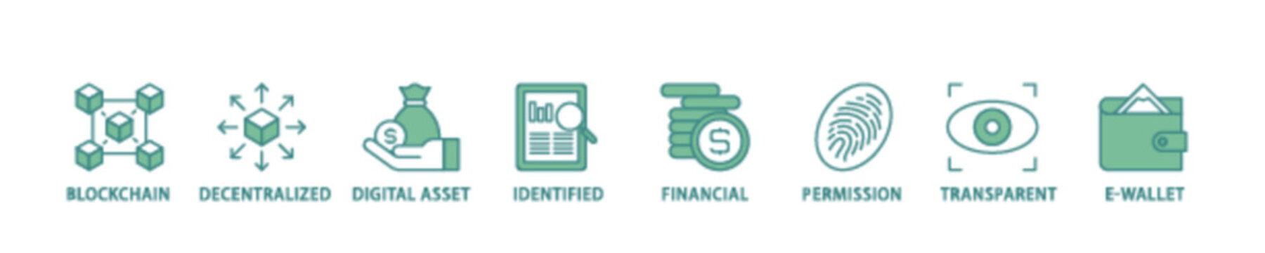 Defi icon set flow process illustrationwhich consists of blockchain, decentralized, digital assset, identified, financial, permission, transparent and e wallet icon live stroke and easy to edit 