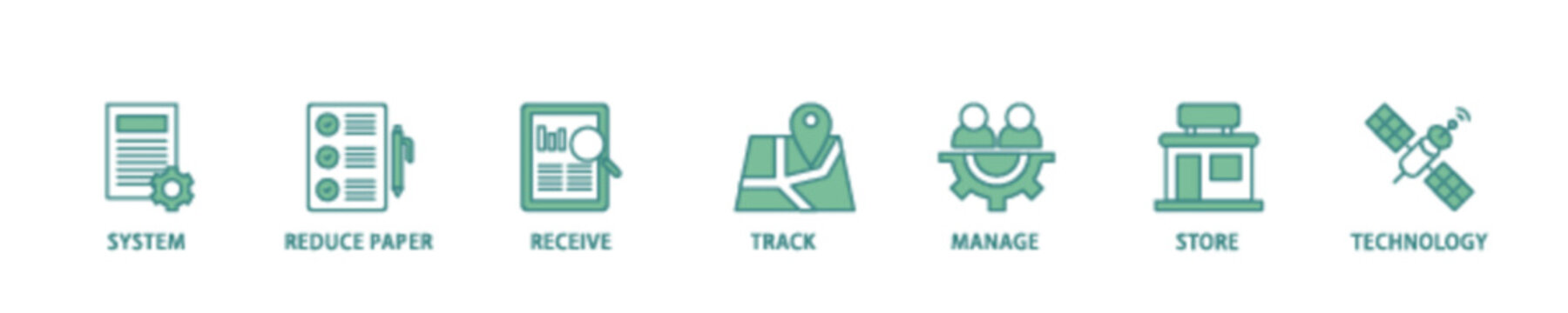 Document management icon set flow process illustrationwhich consists of system, reduce paper, receive, track, manage, store, cloud and technology icon live stroke and easy to edit 