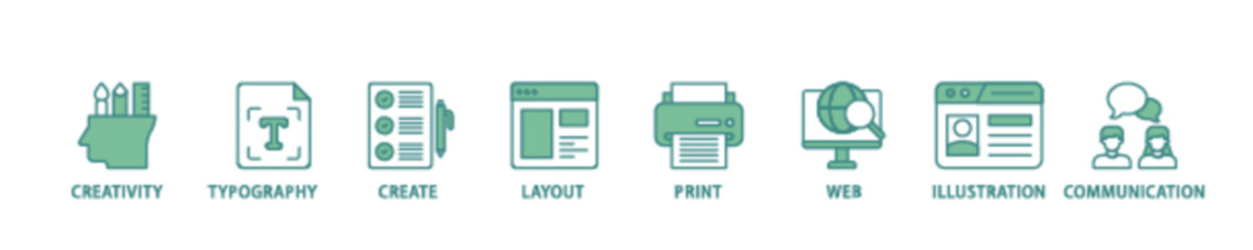 Graphic design icon set flow process illustrationwhich consists of creativity, typography, create, layout, print, web, illustration and communication icon live stroke and easy to edit 