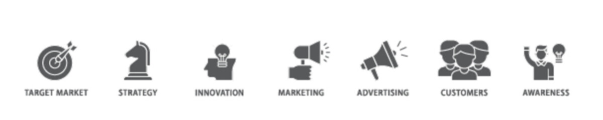 Poster - Brand icon set flow process illustrationwhich consists of target market, strategy, innovation, marketing, advertising, customers, and awareness icon live stroke and easy to edit 