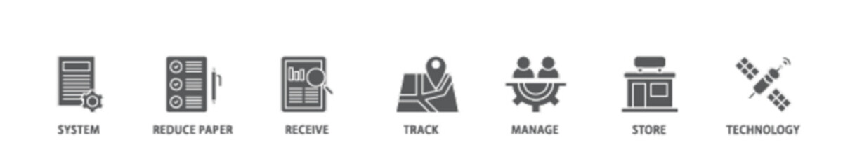 Poster - Document management icon set flow process illustrationwhich consists of system, reduce paper, receive, track, manage, store, cloud and technology icon live stroke and easy to edit 
