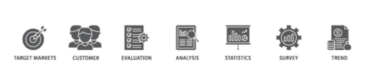 Poster - Market research banner web icon illustration concept with icon of target markets, customer, evaluation, analysis, statistics, survey and trend icon live stroke and easy to edit 
