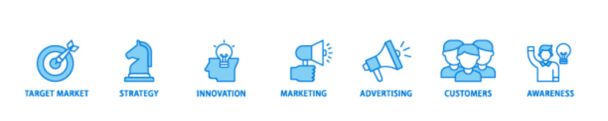 Poster - Brand banner web icon illustration concept with icon of target market, strategy, innovation, marketing, advertising, customers, and awareness icon live stroke and easy to edit 