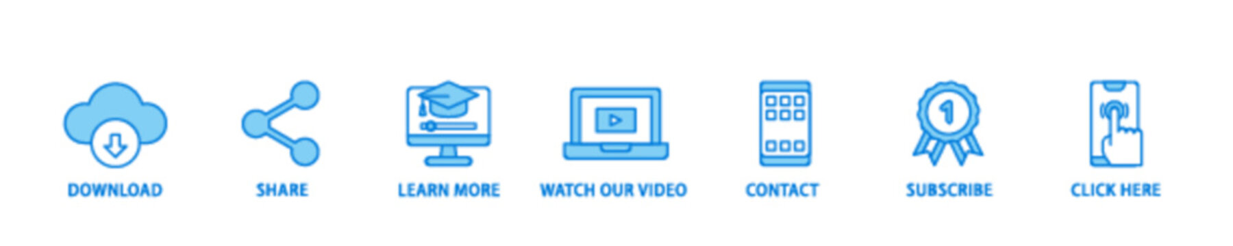 Call to action banner web icon illustration concept with icon of  click here, watch our video, subscribe, contact, learn more, share, download icon live stroke and easy to edit 