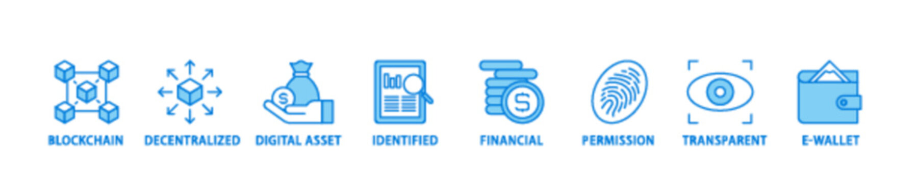 Defi icon set flow process illustrationwhich consists of blockchain, decentralized, digital assset, identified, financial, permission, transparent and e wallet icon live stroke and easy to edit 