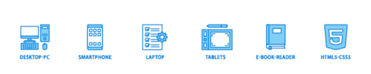 Poster - Responsive web design icon set flow process illustrationwhich consists of tablets, html5 css3, e book reader, laptop, smart phone, desktop pc icon live stroke and easy to edit 