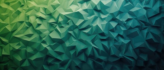 Poster - Green polygons transitioning to blue on a dark gray background. Abstract background or screensaver for a 34-inch widescreen monitor. AI generative.