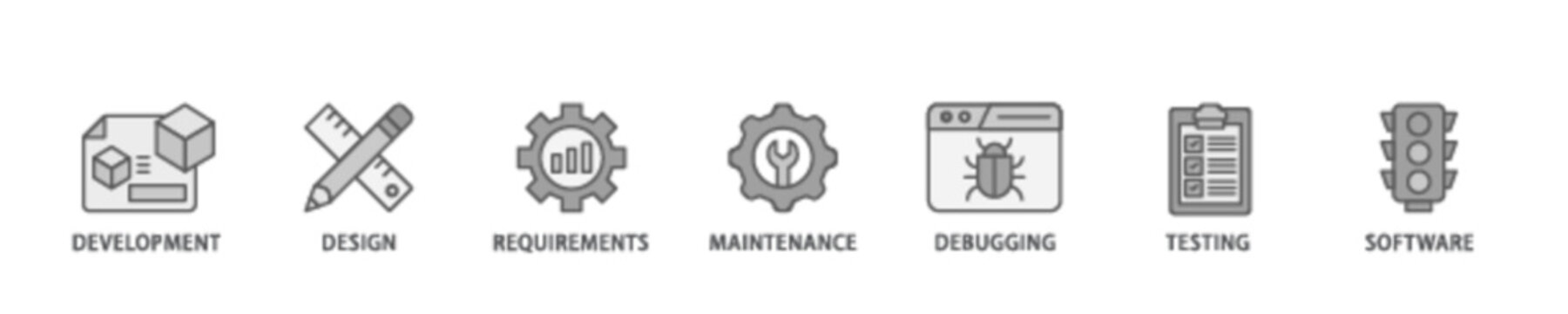 Agile banner web icon illustration concept with icon of development, design, requirements, maintenance, debugging, testing and software icon live stroke and easy to edit 