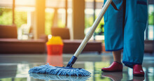 Mop Cleaning, Floor Mop, Floor Washing, Cleaning Concept, Close-up, Wet Mop Home, Blurry Background, Housework