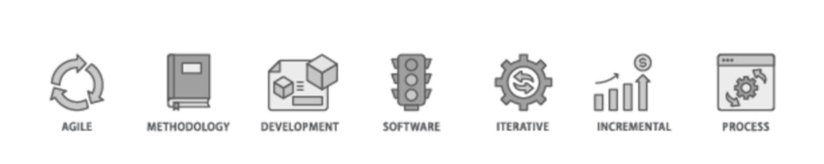 Poster - Scrum development banner web icon illustration concept with icon of agile, methodology, development, software, iterative, incremental and process icon live stroke and easy to edit 