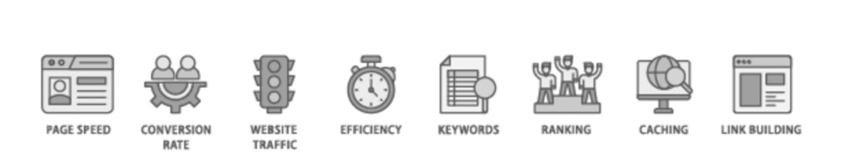 Poster - Website optimization banner web icon illustration concept with icon of page speed, conversion rate, website traffic, efficiency, keywords, ranking, caching  icon live stroke and easy to edit 