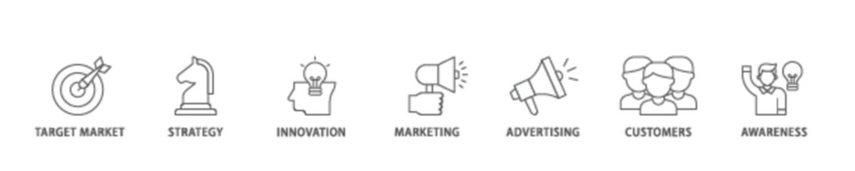 Poster - Brand icon set flow process illustrationwhich consists of target market, strategy, innovation, marketing, advertising, customers, and awareness icon live stroke and easy to edit 